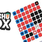 「DASSHO BOX」のロゴと、カラフルな矢印や渦巻き、うさぎのアイコンが並ぶパズルのグリッド。