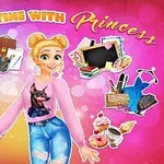 ピンクの背景にプリンセス風の女性キャラクターと日常のアイテムが描かれている。