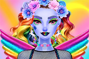 花冠をかぶった青い肌の女性が虹色の髪と翼を広げ、鮮やかな背景の前で正面を向くカラフルなイラスト。