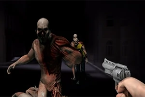 暗い背景で、2体の怪物が手前に迫ってきており、右側には拳銃を構えた腕が見えているシーン。