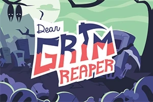 墓場の風景と大きな文字で「Dear Grim Reaper」と書かれたグラフィックデザイン。