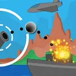 大砲から弾が発射され、船が爆発している様子が描かれたイラスト。