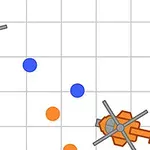 青とオレンジのヘリコプターが格子状の背景にあり、それぞれのヘリコプターの周りに対応する色の丸が散らばっている。
