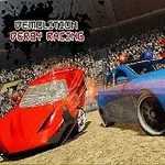赤いスポーツカーと青いパトカーが砂地の中で対戦している様子。