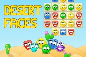 砂漠の背景にカラフルな顔のブロックと「DESERT FACES」という文字があります。