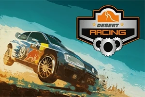 青いレーシングカーが砂漠の道を走り抜けているイラストと右上に「DESERT RACING」のエンブレム。