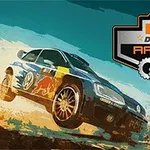 青いレーシングカーが砂漠の道を走り抜けているイラストと右上に「DESERT RACING」のエンブレム。