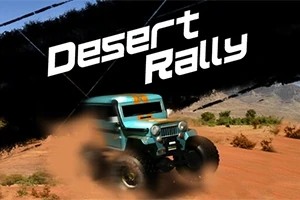 青いオフロード車が砂漠を走行している様子と「Desert Rally」というテキスト。