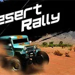 青いオフロード車が砂漠を走行している様子と「Desert Rally」というテキスト。