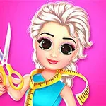 鮮やかなピンクの背景に、ハサミとメジャーテープを持った大きな目のキャラクター。