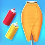 青い背景にオレンジ色のスカートと赤、黄、紫のスプレー缶が配置されている。