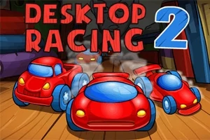 赤いおもちゃの車が3台前面に並んでおり、背景に「DESKTOP RACING 2」という文字があります。