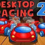 赤いおもちゃの車が3台前面に並んでおり、背景に「DESKTOP RACING 2」という文字があります。