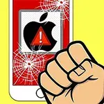 黄色の背景に、画面が割れたスマートフォンとアップルの警告アイコン、握り拳。