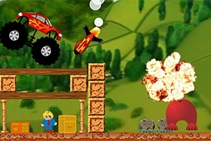 赤い炎のデザインがあるモンスタートラックがジャンプし、爆発が起きているシーン。