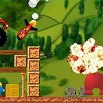 赤い炎のデザインがあるモンスタートラックがジャンプし、爆発が起きているシーン。