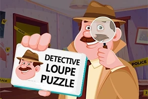 探偵風のキャラクターが虫眼鏡を持ち、部屋で「DETECTIVE LOUPE PUZZLE」の文字が書かれたボードを持っている。
