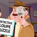 探偵風のキャラクターが虫眼鏡を持ち、部屋で「DETECTIVE LOUPE PUZZLE」の文字が書かれたボードを持っている。