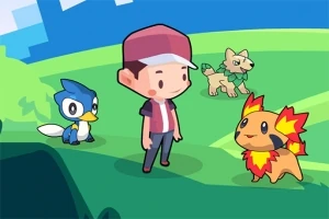 アニメ風のキャラクターが緑の野原に立ち、3匹のかわいらしい動物が周りにいる。