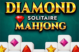 緑色の背景に、大きな金色の文字で「DIAMOND SOLITAIRE MAHJONG」と書かれ、白い麻雀牌の上にカラフルな宝石が描かれている。
