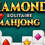 緑色の背景に、大きな金色の文字で「DIAMOND SOLITAIRE MAHJONG」と書かれ、白い麻雀牌の上にカラフルな宝石が描かれている。