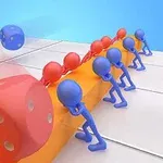 青と赤のキャラクターが大きなサイコロを押している様子。