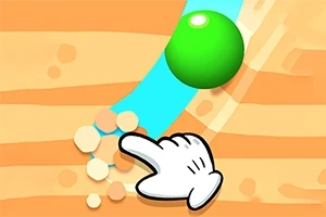 緑色のボールが水色の道を転がり、指が砂をかき分けているイラスト。