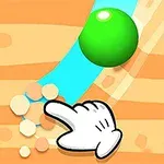 緑色のボールが水色の道を転がり、指が砂をかき分けているイラスト。