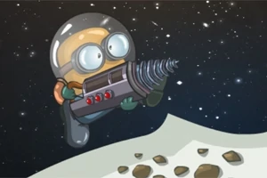 宇宙と月面を背景にヘルメットとドリルを持ったキャラクター。