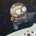 宇宙と月面を背景にヘルメットとドリルを持ったキャラクター。