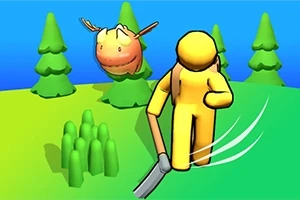 黄色いキャラクターが緑色のフィールドで道具を振るい、背後に動物の顔が見えている。