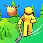 黄色いキャラクターが緑色のフィールドで道具を振るい、背後に動物の顔が見えている。