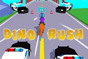 道路を走る恐竜に乗ったキャラクターとパトカーが描かれているカラフルなイラスト。