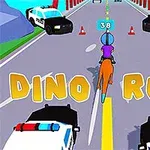 道路を走る恐竜に乗ったキャラクターとパトカーが描かれているカラフルなイラスト。