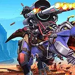 メカニカルな要素を取り入れた青い恐竜が、火を放つ巨大な銃砲を背負っている。
