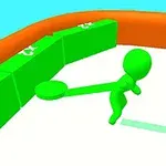 緑色のキャラクターがオレンジ色の縁の中で緑色のブロックにラケットを振っている。