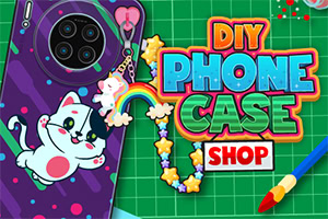 紫のネコのデザインが施されたスマホケースと、「DIY PHONE CASE SHOP」というカラフルな文字、虹と星のキーチェーンが描かれた画像。