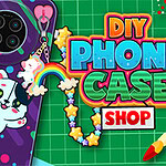 紫のネコのデザインが施されたスマホケースと、「DIY PHONE CASE SHOP」というカラフルな文字、虹と星のキーチェーンが描かれた画像。