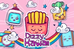 カラフルなイラストには、フライドポテトを擬人化したキャラクターが虹と雲に囲まれており、背景に顔がついた箱のキャラクターが配置されています。