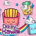 カラフルなイラストには、フライドポテトを擬人化したキャラクターが虹と雲に囲まれており、背景に顔がついた箱のキャラクターが配置されています。