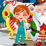 女性キャラクターがサンタクロースとトナカイと一緒に笑顔で立っているイラスト。