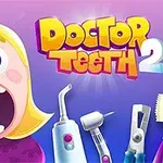 金髪の女の子が口を大きく開けて虫歯を見せ、歯科用機器が並んでいるカラフルなイラスト。