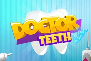 黄色と紫の大きな文字で「DOCTOR TEETH」と書かれたテキストが、歯のイラストの前に配置され、その周囲には歯科用具が描かれている。