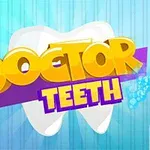黄色と紫の大きな文字で「DOCTOR TEETH」と書かれたテキストが、歯のイラストの前に配置され、その周囲には歯科用具が描かれている。