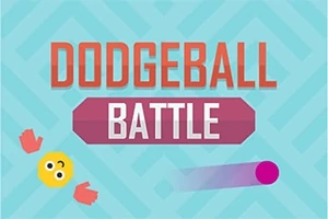 水色の格子背景に「DODGEBALL BATTLE」という赤と白の文字、顔の絵文字、赤い手袋、紫のボールが描かれている。