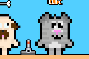 青い背景の中、ピクセルアートで描かれたグレーの猫と顔の一部が見えるキャラクターが立っている。