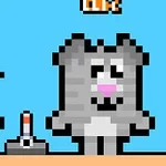 青い背景の中、ピクセルアートで描かれたグレーの猫と顔の一部が見えるキャラクターが立っている。