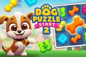かわいい子犬とカラフルな骨の形をしたパズルピースが描かれたイラスト。