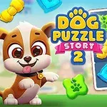 かわいい子犬とカラフルな骨の形をしたパズルピースが描かれたイラスト。