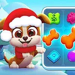 赤いサンタ帽をかぶった子犬と、多彩なアイテムが並んだゲームボード。